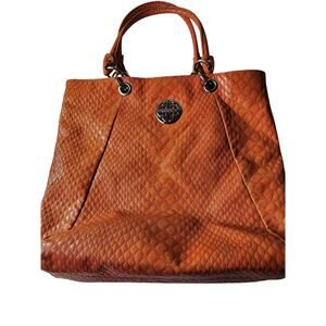 KATE LANDRY Orange Textured Faux Leather Polka Dot Interior Tote Bag